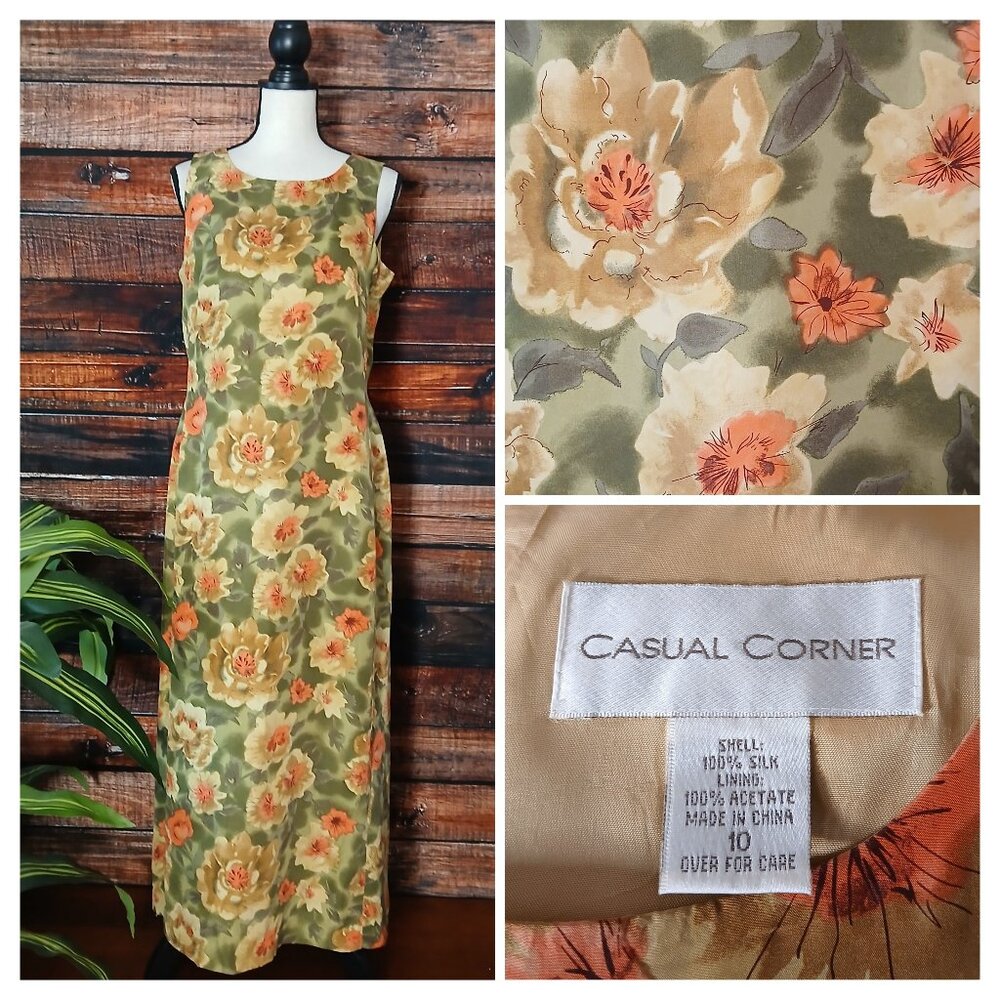 Casual Corner Vintage Dress 10 Maxi 100% Silk Watercolor Floral